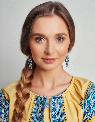 ukrainische, frau, model, trägt, Tracht, neu, atelier, portrait, Ukrainerin, folkore, kleidung, kleid, blua-gelb, in, Farbe, der, flagge, Nationalfeiertag, feiertag, national, Patriotismus, 14, schön photo