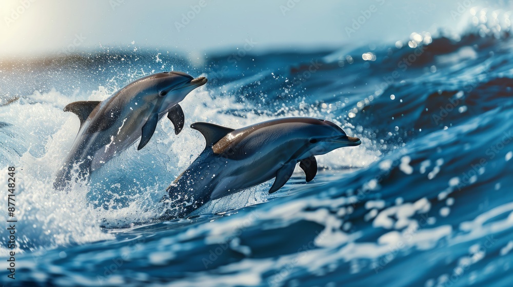 Fototapeta premium Dolphins leaping out of the ocean during sunset