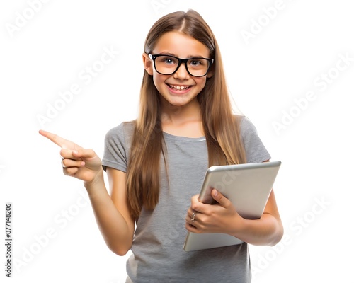 Happy Teen Girl with Tablet Pointing to the Side.