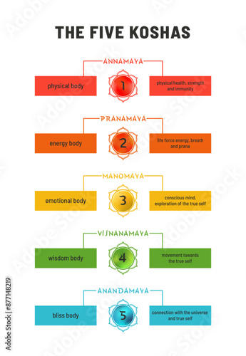 A vector infographic depicting the 5 koshas or layers of existence in yoga philosophy. Each kosha is represented by a colored lotus symbol and described with its Sanskrit name and key attributes.
