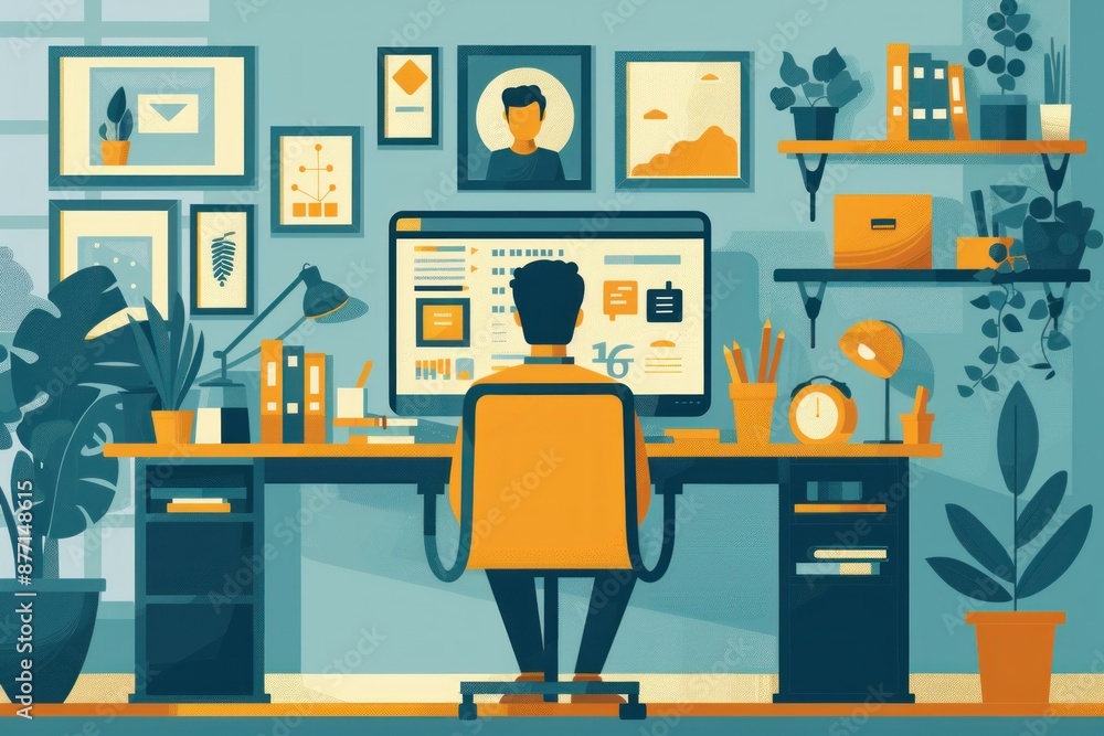 Flat design illustration of an online learning session with a teacher conducting a virtual class from a home office. Students are visible on the screen in a video call, each in their unique home Flat design illustration of an online learning session with a teacher conducting a virtual class from a home office. Students are visible on the screen in a video call, each in their unique home