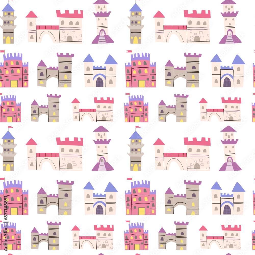 Fototapeta premium Childrens castle pattern. Cartoon fairy building background. Cute childish magic pattern for decoration, cover.