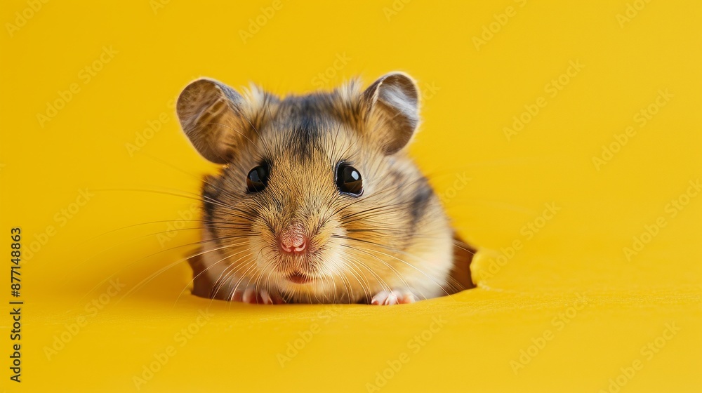 Cute hamster peeking out of a hole on yellow background Cute hamster peeking out of a hole on yellow background