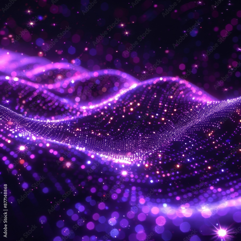 Abstract purple glowing particles flowing in a wave pattern against a dark background. Abstract purple glowing particles flowing in a wave pattern against a dark background.