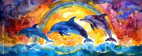 Vibrant watercolor painting of dolphins jumping through ocean waves beneath a colorful sunset and rainbow sky. photo