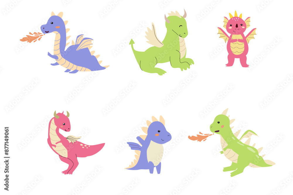 Fototapeta premium Childrens dragons collection. Fairy cute animals in childish style. Magic characters in scandinavian style. Baby dragons bundle.