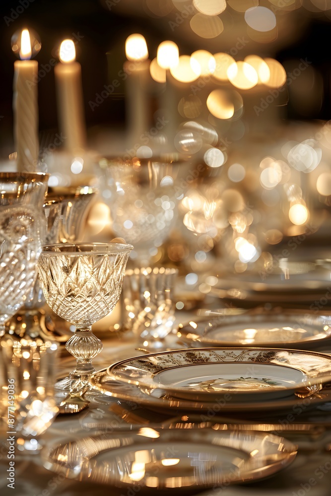 Sumptuous porcelain plates and dazzling hand-cut crystal glasses embellish the candlelit table, exuding an air of romance and opulence in the exclusive, high-end restaurant. The scene is meticulously. Sumptuous porcelain plates and dazzling hand-cut crystal glasses embellish the candlelit table, exuding an air of romance and opulence in the exclusive, high-end restaurant. The scene is meticulously.