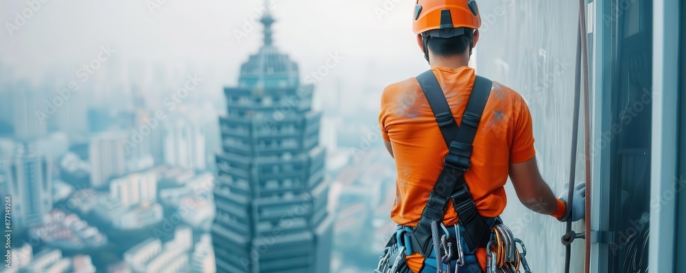 A worker cleaning the glass of a high-rise building is working. A worker cleaning the glass of a high-rise building is working.