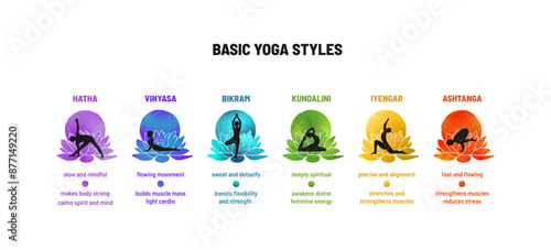 Horizontally-arranged infographic showcasing 6 basic yoga styles with colorful circular icons and brief descriptions. Includes Hatha, Vinyasa, Bikram, Kundalini, Iyengar, and Ashtanga yoga types.