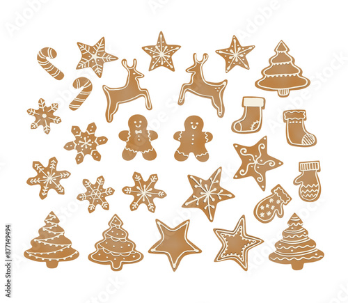 An array of festive gingerbread cookies in various holiday shapes including stars, trees, reindeer, and snowflakes. Cookies feature white icing decorations on a classic golden-brown gingerbread base.