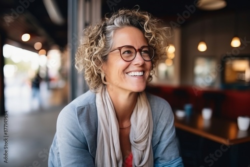 Portrait of smiling woman with eyeglasses in a coffee shop