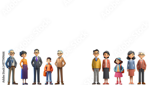 無背景に、横にたくさんならんだ３Dの人たち。老若男女。