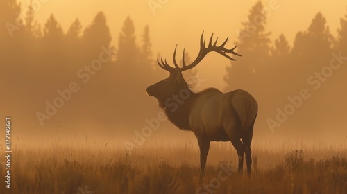  A large elk stands in the middle of a grass-covered field, facing a forest shrouded in fog © Viktor