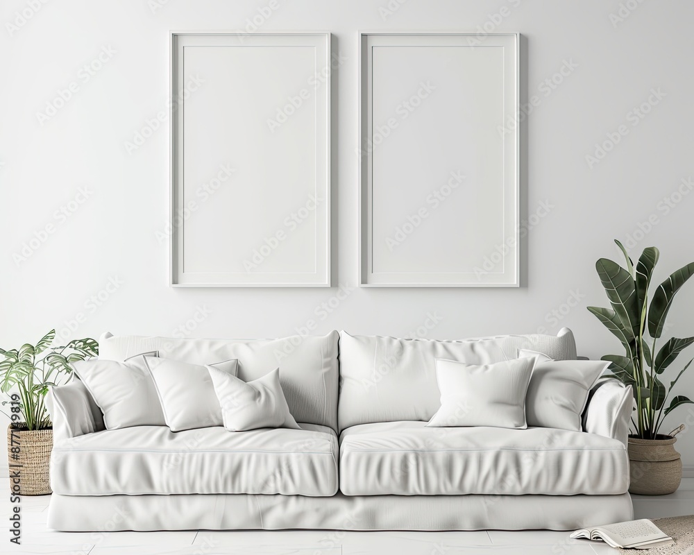 Fototapeta premium 2 simple modern picture frames side by side in the same size on a white wall, hyper realistic, over a white couch, stylish living room