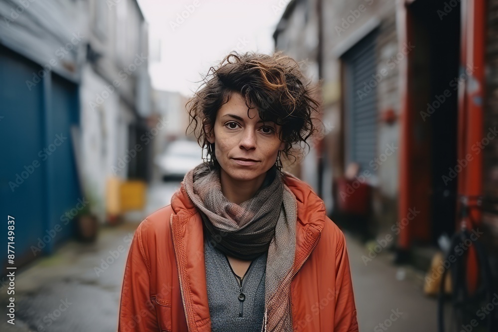 Fototapeta premium Portrait of a beautiful young woman with curly hair on the street