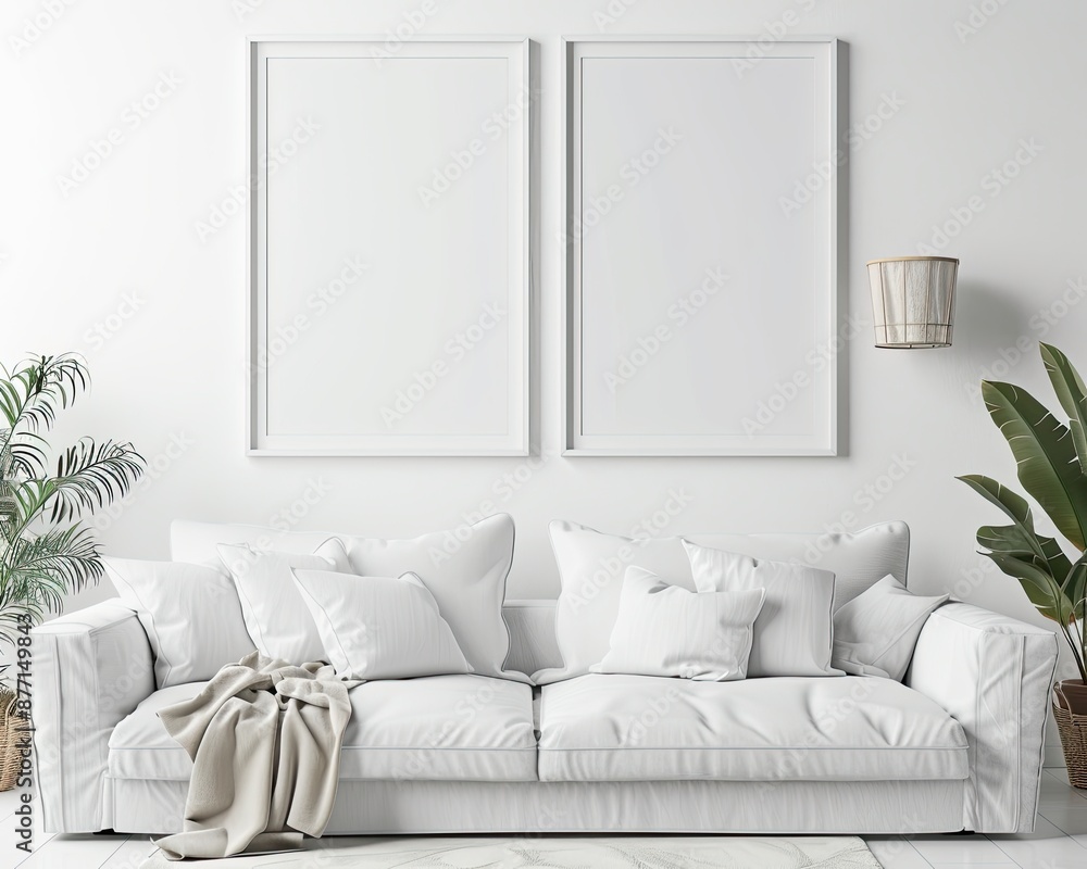 2 simple modern picture frames side by side in the same size on a white wall, hyper realistic, over a white couch, stylish living room 2 simple modern picture frames side by side in the same size on a white wall, hyper realistic, over a white couch, stylish living room