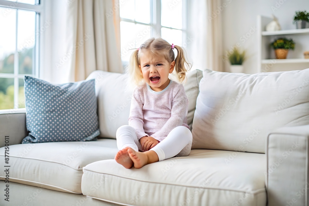 Upset Toddler Girl Sitting on a Couch Upset Toddler Girl Sitting on a Couch