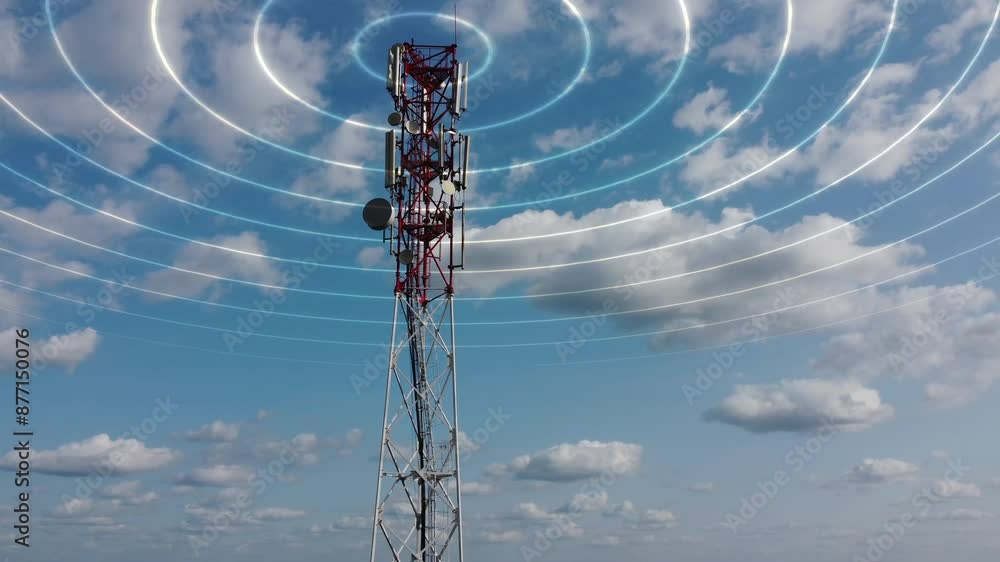 Mobile telecommunication cell tower with transmit telecommunication signal. 4G 5G mobile network. Telecommunication tower against a blue sky with clouds transmitting a luminous signal around it. 4k.
