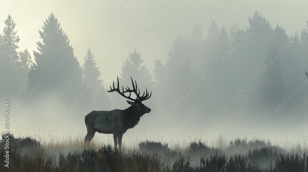 A deer, silhouetted against foggy forest backdrop, stands amidst tall grass and trees A deer, silhouetted against foggy forest backdrop, stands amidst tall grass and trees