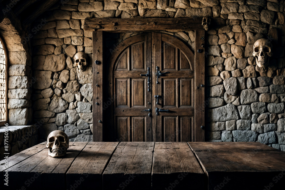 Mystical dark interior of medieval castle room with large wooden door ...