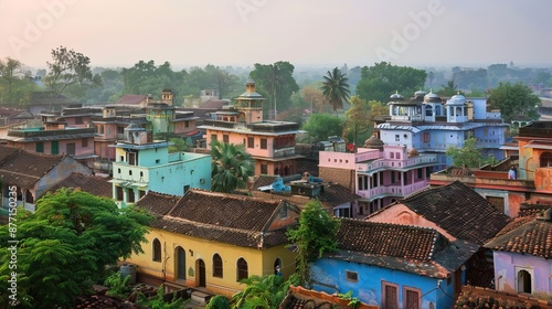 Fototapeta Naklejka Na Ścianę i Meble -  Charming pastel-hued cottages dot the heart of Orchha, India, creating a picturesque scene.