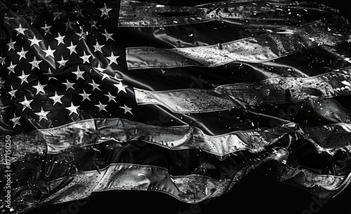 Black and white American flag waving in the wind. Dark background with detailed texture of fabric. Concept for proud, freedom or heritage day. High resolution.


