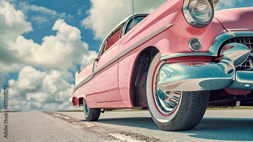 Classic pink car on asphalt road.