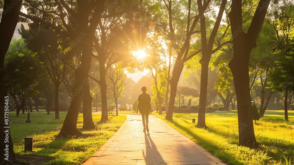Fototapeta premium Person walking in a park during golden hour with sun filtering through the trees, creating a serene and peaceful atmosphere.