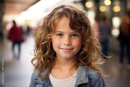 Portrait of a cute little girl with curly hair in the shopping mall