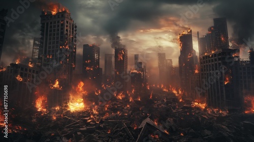 Burning cityscape with skyscrapers engulfed in flames and smoke.