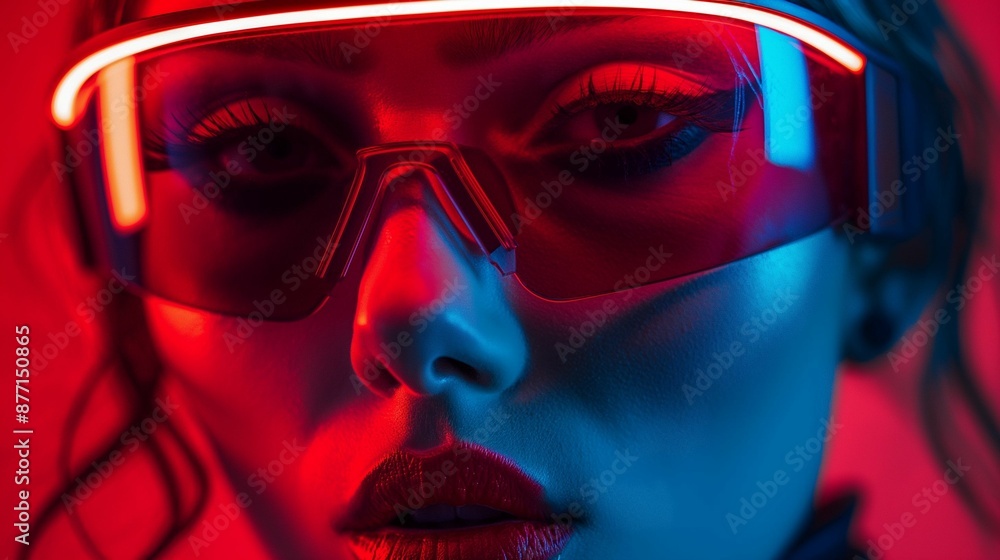 Close-up of a person wearing futuristic neon glasses. Close-up of a person wearing futuristic neon glasses.