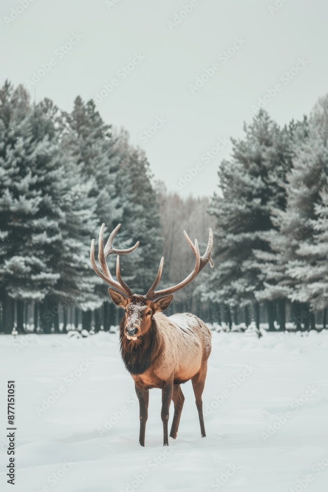 a deer stands amidst numerous trees, background, light snow on ground a deer stands amidst numerous trees, background, light snow on ground