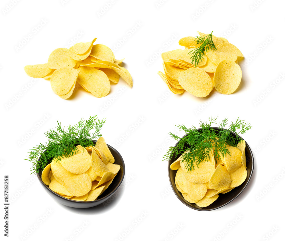 Potato dill chips pile isolated. Crispy thin potato snack heap set, fast food snacks with greens, spices Potato dill chips pile isolated. Crispy thin potato snack heap set, fast food snacks with greens, spices