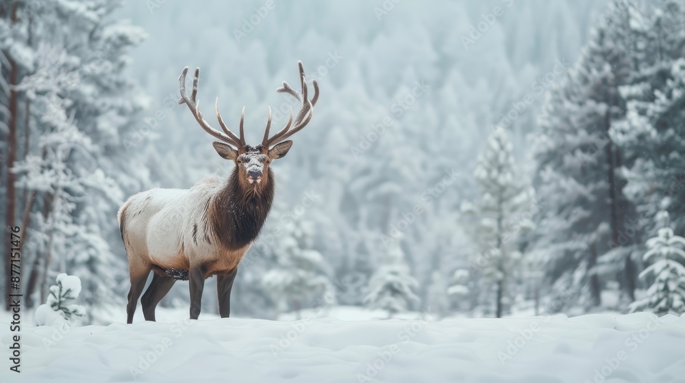 A deer with large antlers stands in a snow-covered forest, not on its back legs, but normally A deer with large antlers stands in a snow-covered forest, not on its back legs, but normally