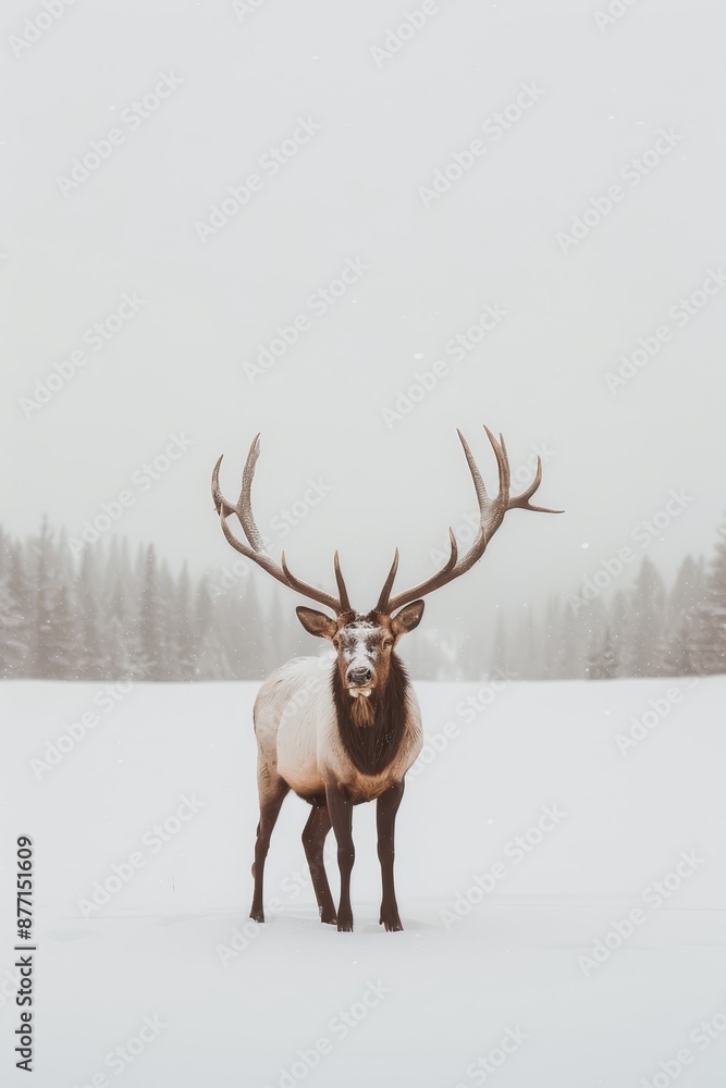 A large elk stands in the snow with antlers stretching from its back A large elk stands in the snow with antlers stretching from its back