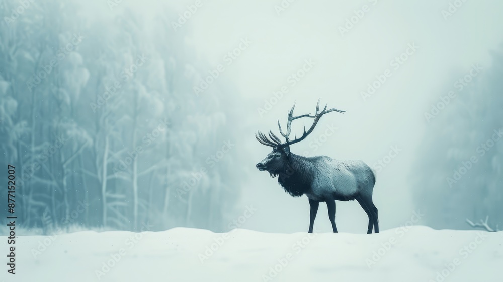 A large elk stands in a snow-covered field, surrounded by tall trees against a foggy backdrop A large elk stands in a snow-covered field, surrounded by tall trees against a foggy backdrop