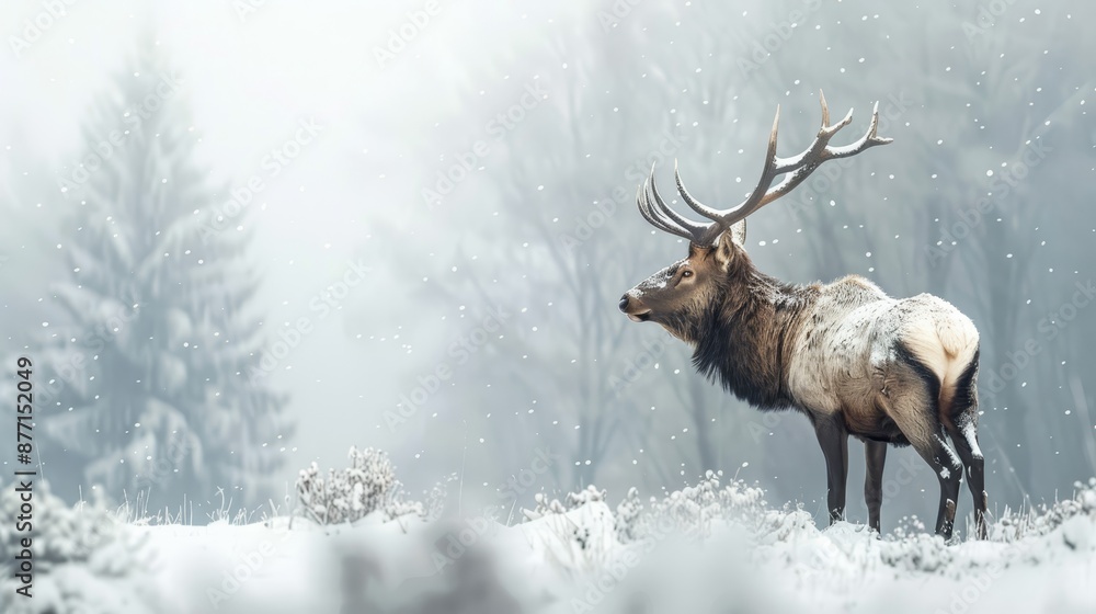 A deer stands before a snow-laden forest, snowfall cascading onto the ground, trees blanketed in the background A deer stands before a snow-laden forest, snowfall cascading onto the ground, trees blanketed in the background