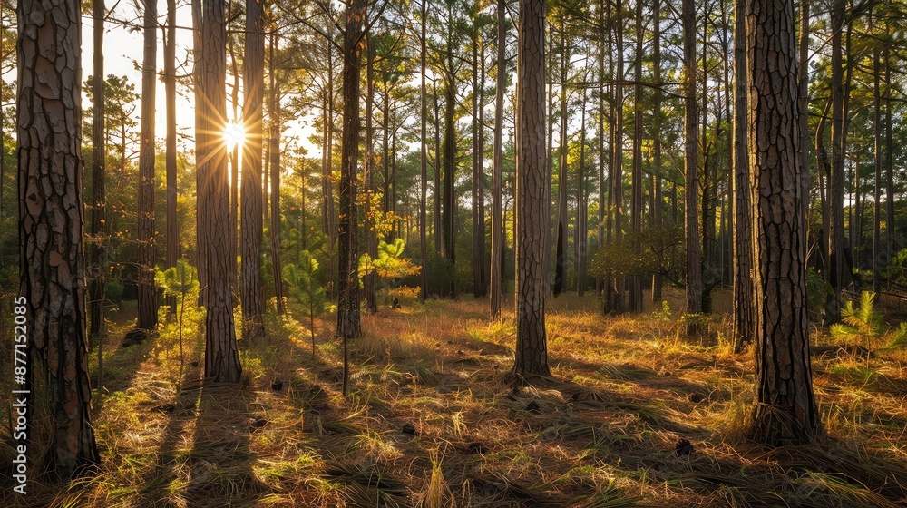 Obraz premium Serene forest landscape with sunlight filtering through tall trees, creating long shadows and a peaceful, natural atmosphere.