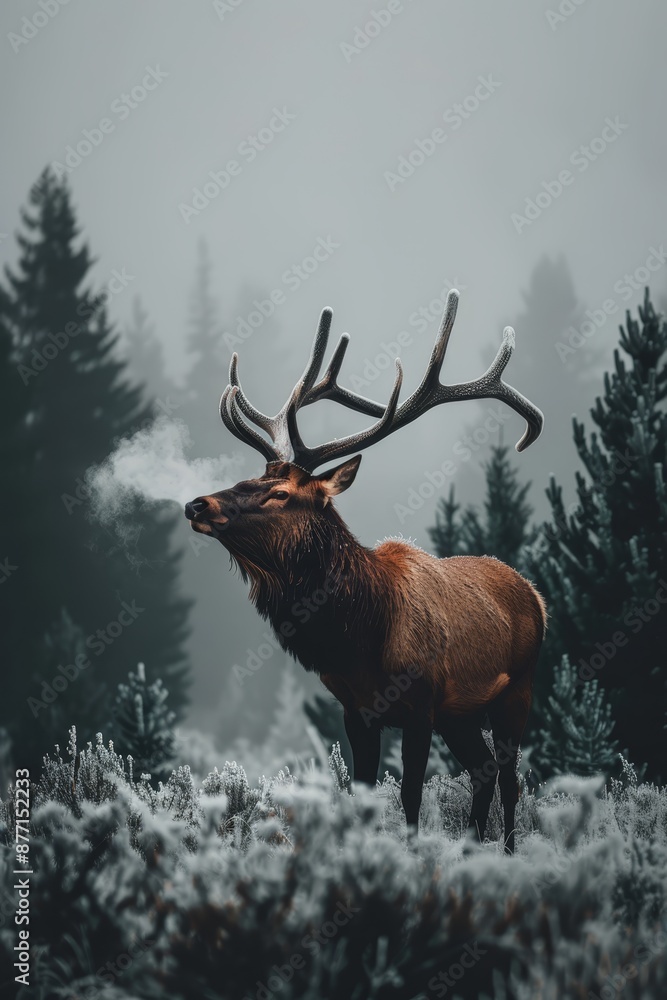  A deer, adorned with antlers, stands in a lush grass field In the backdrop, trees scatter the landscape No smoke emerges from its antlers