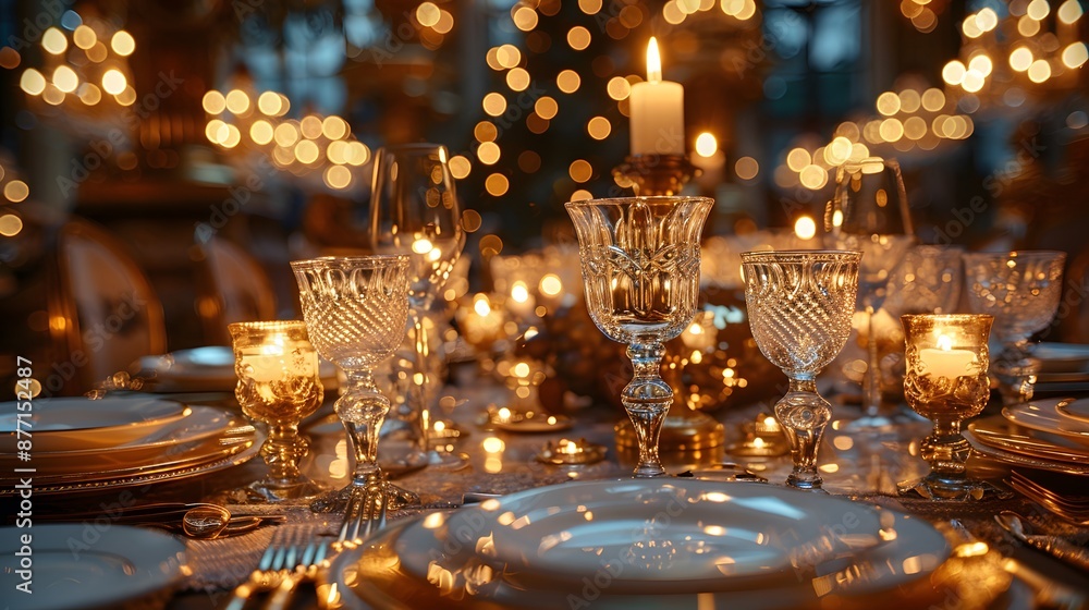 Sumptuous porcelain plates and dazzling hand-cut crystal glasses embellish the candlelit table, exuding an air of romance and opulence in the exclusive, high-end restaurant. The scene is meticulously. Sumptuous porcelain plates and dazzling hand-cut crystal glasses embellish the candlelit table, exuding an air of romance and opulence in the exclusive, high-end restaurant. The scene is meticulously.