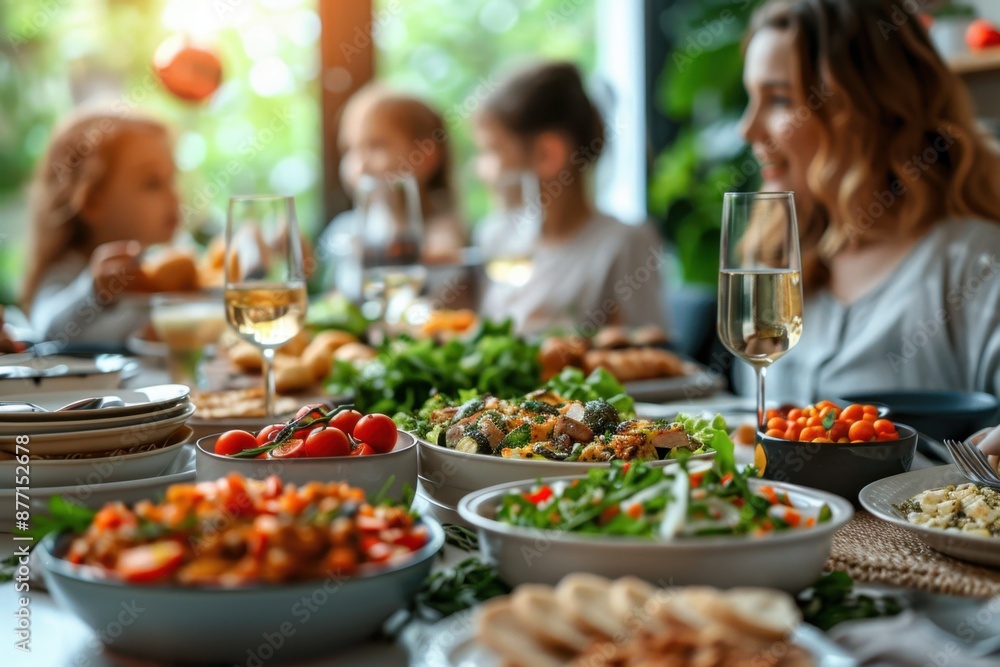 A family enjoying a festive meal with a variety of delicious dishes and wine in a cozy, well-lit setting.