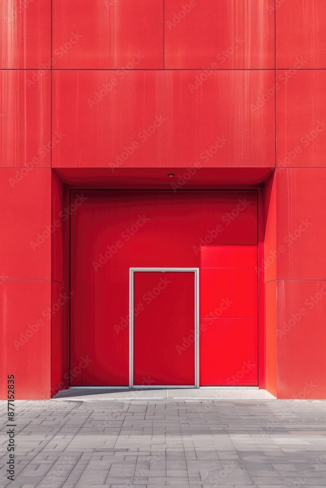 A small red building with a distinctive white door and surrounding red wall A small red building with a distinctive white door and surrounding red wall