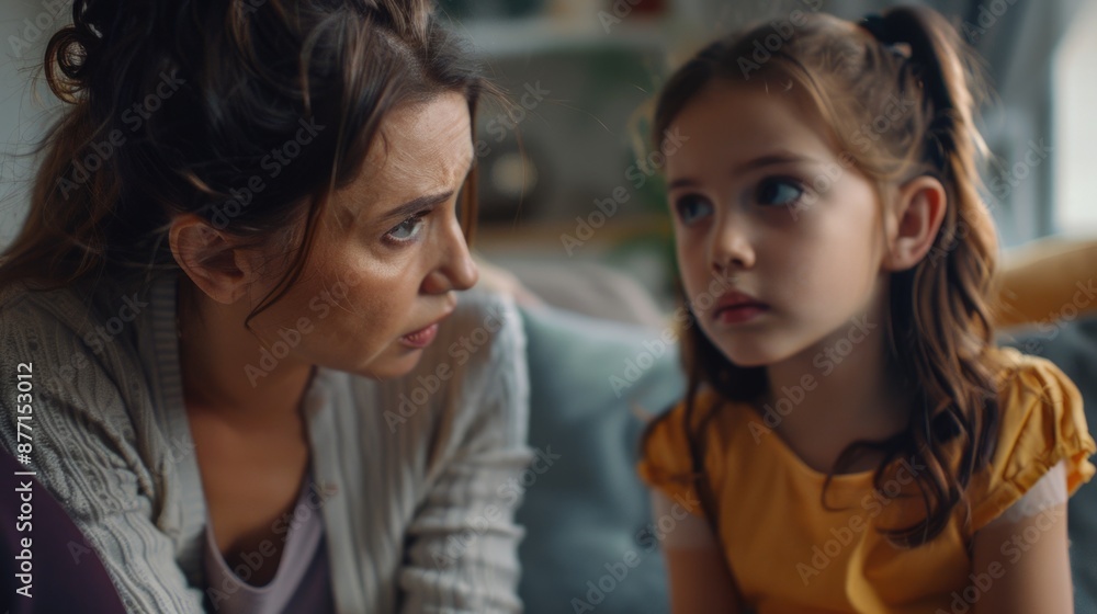 A woman sits alongside a young girl on a cozy couch, with a warm atmosphere A woman sits alongside a young girl on a cozy couch, with a warm atmosphere