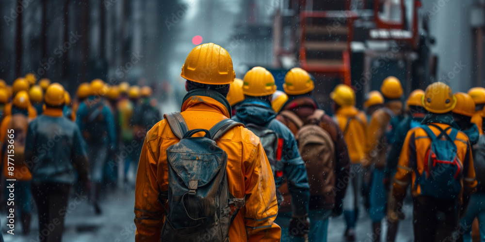 A crowd of construction workers in yellow helmets and jackets walking through a construction site on a rainy day. Daily routine, entrance to work, start of the working day. A crowd of construction workers in yellow helmets and jackets walking through a construction site on a rainy day. Daily routine, entrance to work, start of the working day.