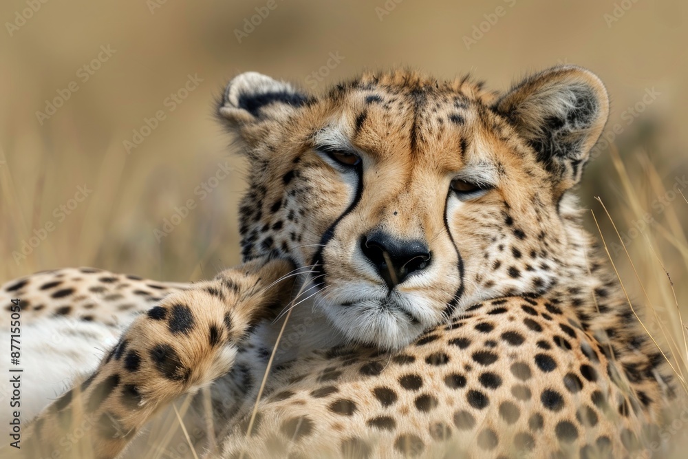 Close-up view of a cheetah (Acinonyx jubatus) lying down and licking it's paw in the African Side view of a small group of mountain zebra (Equus zebra) running in the African bush veld Close-up view of a cheetah (Acinonyx jubatus) lying down and licking it's paw in the African Side view of a small group of mountain zebra (Equus zebra) running in the African bush veld