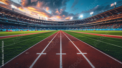 Dramatic night view of an athletics track in a large stadium, capturing the excitement with vibrant colors and cheering fans.






