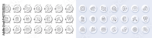 5g technology, Share mail and Package box line icons. White pin 3d buttons, chat bubbles icons. Pack of Group, Verified locker, Online voting icon. Rise price, Vote box, Work home pictogram. Vector