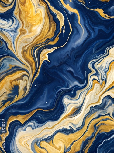 Abstract painting with navy blue and golden yellow swirls creating a vibrant and dynamic background with rich textures and flowing lines