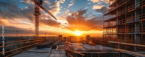 A Panoramic View of A Construction Site with Cranes and Buildings at Sunset.