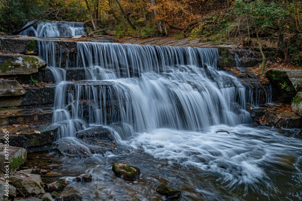 Tranquil waterfall flows over rocky ledges surrounded by vibrant autumn foliage Tranquil waterfall flows over rocky ledges surrounded by vibrant autumn foliage